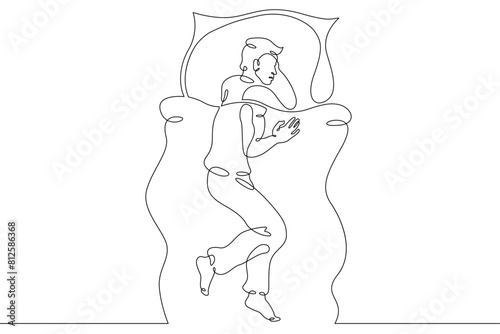 One continuous line.Man sleeps on a pillow under a blanket.Sleeping man sees dreams. Sleeping in bed.Continuous line drawing.Lineart isolated white background.