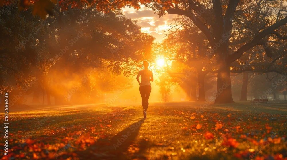 Morning jogger in a park, running slowly, soft morning sunlight creates a serene scene. Morning jogger in a park, running slowly, soft morning sunlight creates a serene scene.