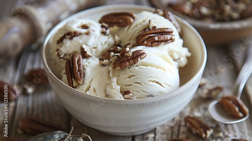Butter pecan ice cream in a white bowl in rustic setting