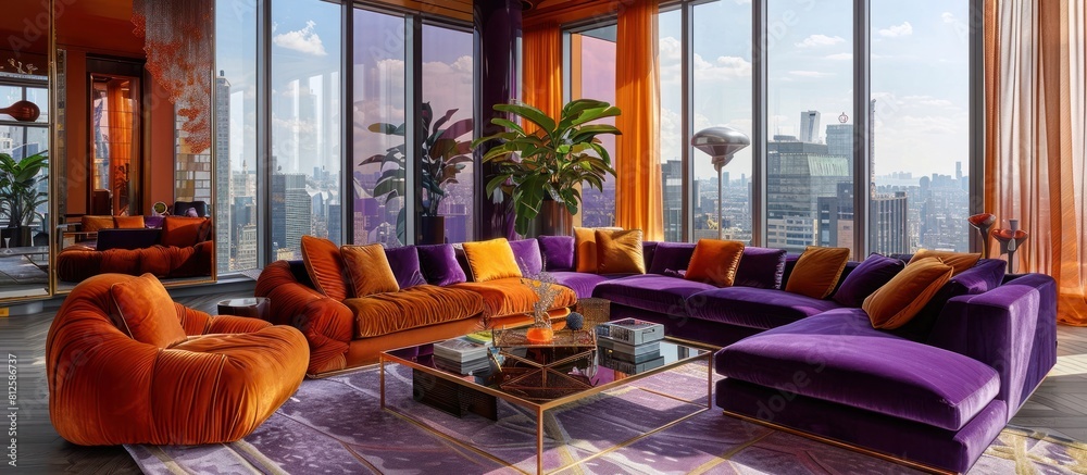 Luxurious Urban Oasis Lavish Penthouse Lounge with Panoramic City Skyline Views and Plush Velvet