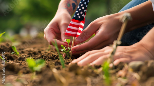 A close-up of hands planting an American flag in the ground at a veterana??s cemetery on Memorial Day with focus on the flag and hands. photo