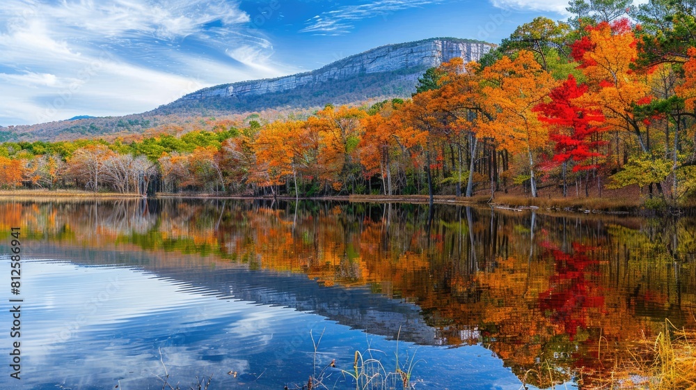Obraz premium Autumn Beauty at Cheaha State Park, Alabama: Lake Reflects the Kaleidoscope of Maple Colours 