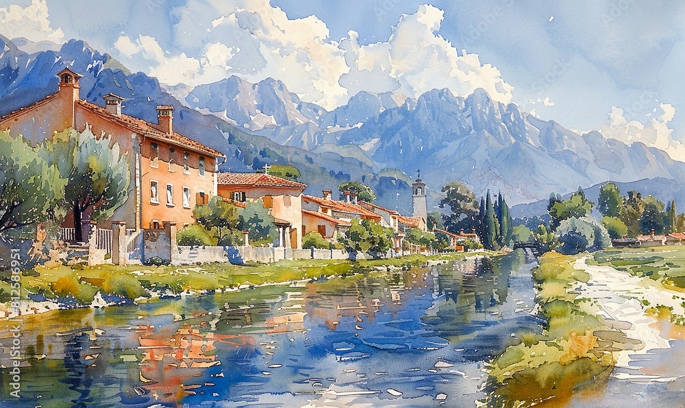 Fototapeta premium Watercolor painting of a rural village painted in pastel colors