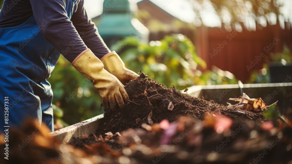 Person composting food waste in backyard compost bin garden
Person composting food waste in backyard compost bin garden