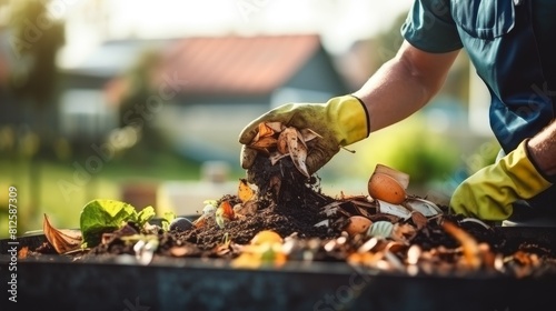 Person composting food waste in backyard compost bin garden 