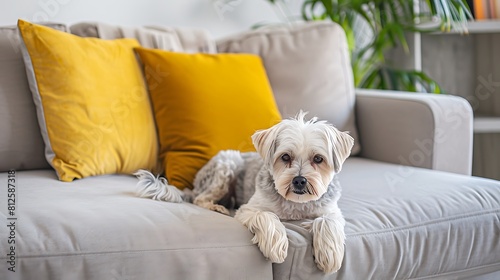 Cute little dog lying on a sofa in a stylish interior design of living room with modern furniture no people
