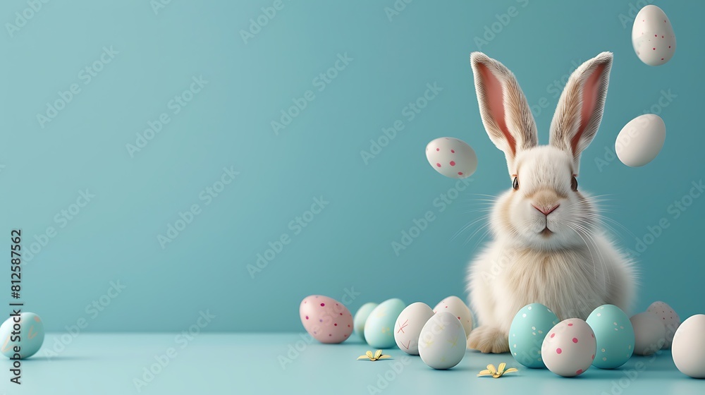 Easter bunny with eggs space for text pastel colors