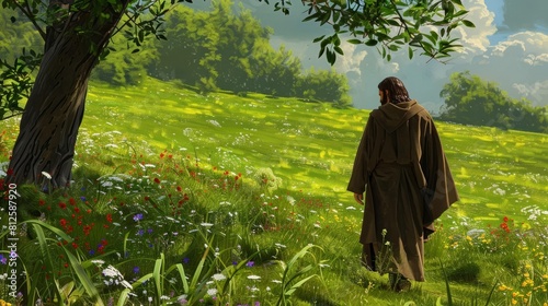 Jesus strolling through vibrant green field  simple brown robe  wildflowers blooming  peaceful scene evoking serenity and connection to nature  oil painting