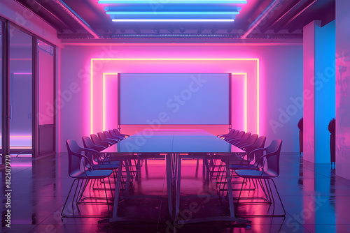 A vibrant meeting room with a whiteboard in the background, illuminated with vibrant neon colors