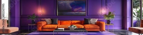 Sleek and Sophisticated Purple Lounge with Minimalist Furniture and Bold Artwork for a Luxurious