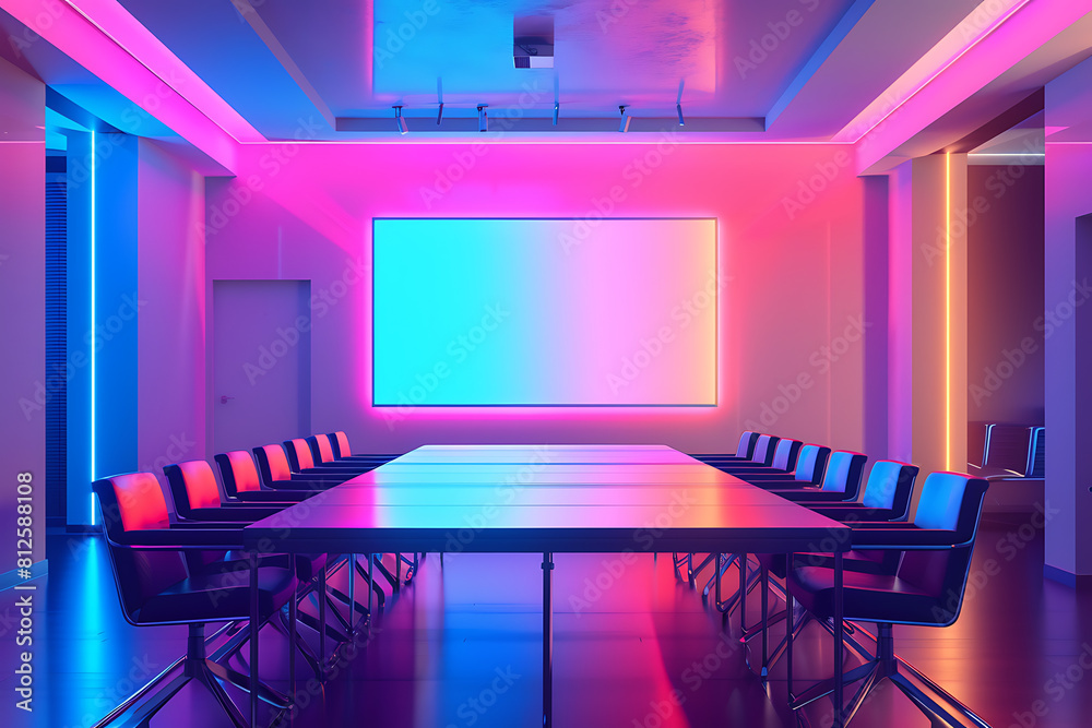 A vibrant meeting room with a whiteboard in the background, illuminated with vibrant neon colors A vibrant meeting room with a whiteboard in the background, illuminated with vibrant neon colors