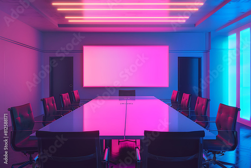 A vibrant meeting room with a whiteboard in the background, illuminated with vibrant neon colors