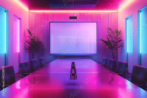 A vibrant meeting room with a whiteboard in the background, illuminated with vibrant neon colors © River Girl
