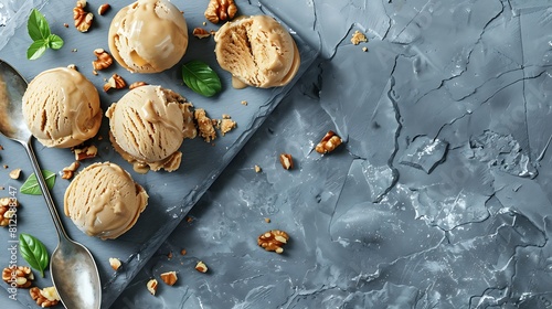 Home made caramel nut ice cream spoon and balls on the kitchen board on a stone gray table top view photo
