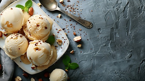 Home made caramel nut ice cream spoon and balls on the kitchen board on a stone gray table top view photo