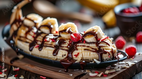 Homemade banana split with on the rustic background selective focus