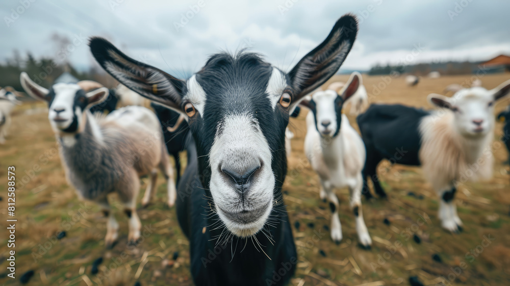 Funny goats. Goats on a farm blurred background