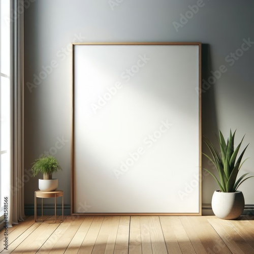 A white frame on a wall next to a plant image realistic photo has illustrative meaning card design. © Colon