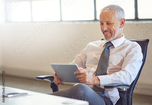 Slika na platnu CEO, smile and tablet with corporate man in office for email communication, management or research