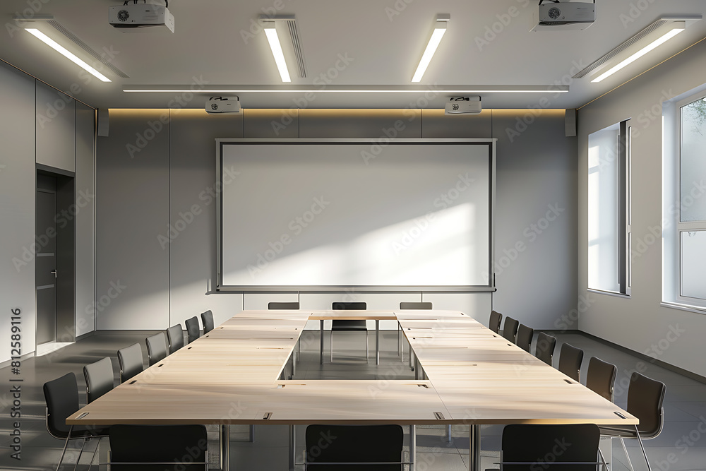 A modern meeting room with a whiteboard in the background, ideal for brainstorming and collaboration sessions A modern meeting room with a whiteboard in the background, ideal for brainstorming and collaboration sessions
