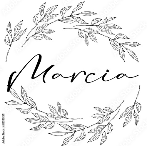 marcia - black color - name written enclosed in a circle crown of leaves - vector graphics - for websites, greetings, banners, cards,, sweatshirt, prints, cricut, silhouette, sublimation photo