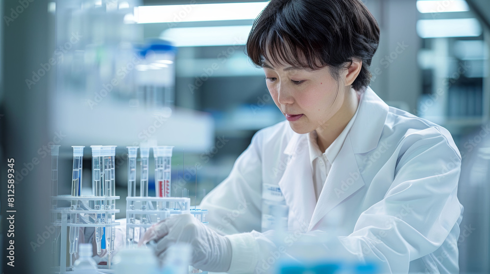 白衣の検査技師が試験管を使う。A laboratory technician in a white coat uses a test tube.Generative AI 白衣の検査技師が試験管を使う。A laboratory technician in a white coat uses a test tube.Generative AI