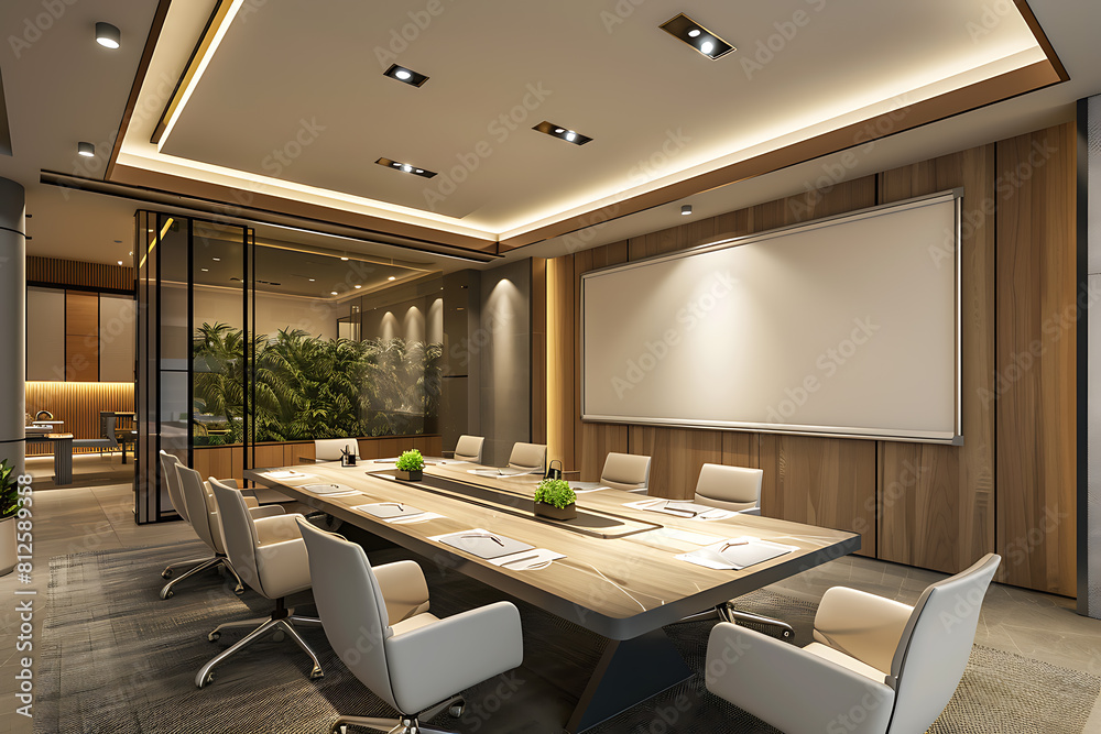A modern meeting room with a whiteboard in the background, ideal for brainstorming and collaboration sessions