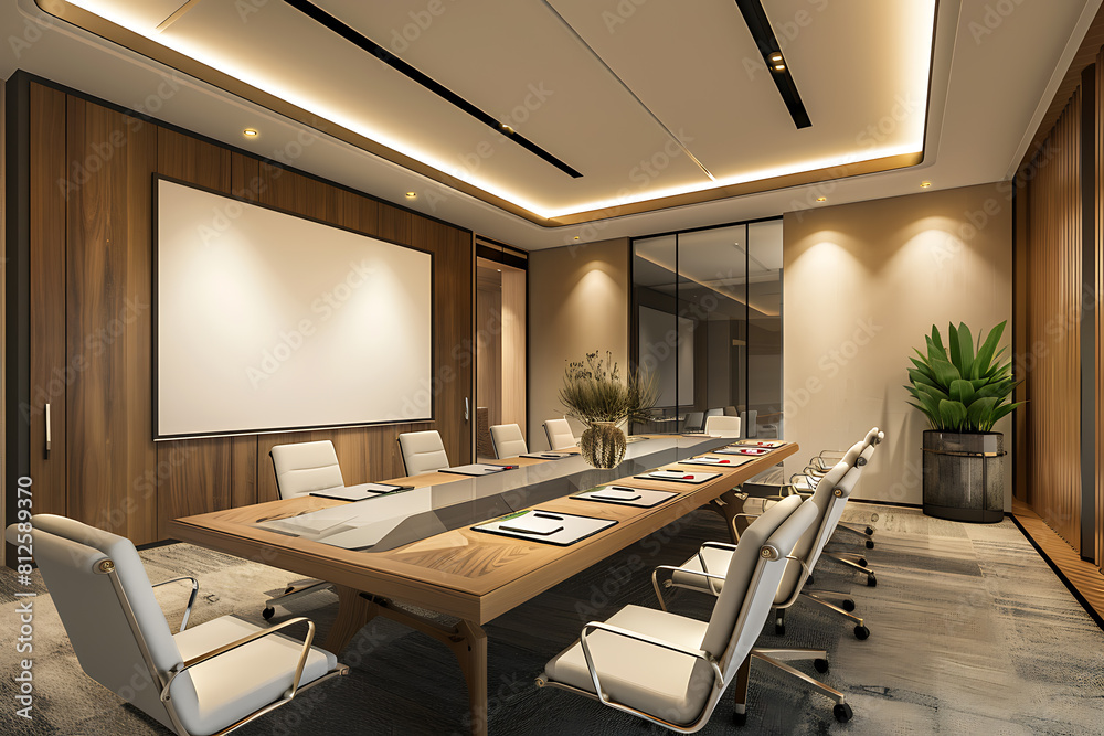 A modern meeting room with a whiteboard in the background, ideal for brainstorming and collaboration sessions A modern meeting room with a whiteboard in the background, ideal for brainstorming and collaboration sessions