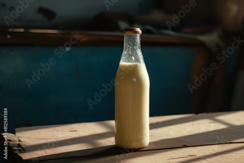 Sunlit traditional glass milk bottle on a rustic wooden table with a shadowy background