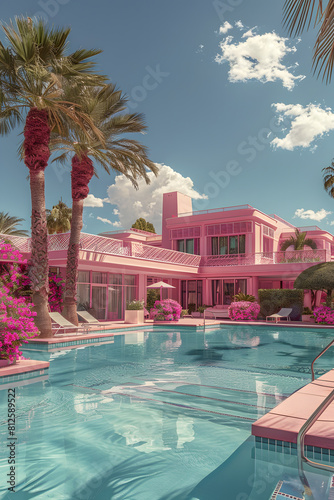 a pink house with a swimming pool in front of it