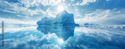 Antarctic sea iceberg floating for climate change and environmental conservation and ice melting and sea level due to ozone layer danger, wide banner poster with copyspace photo