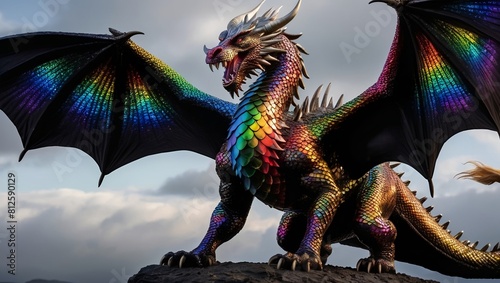 realistic digital glistening technicolour dragon with rainbow hues against a stark black background. illusion chinese dragon statue dragon on the wall photo