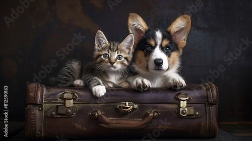 Puppy and kitten in suitcase dark background