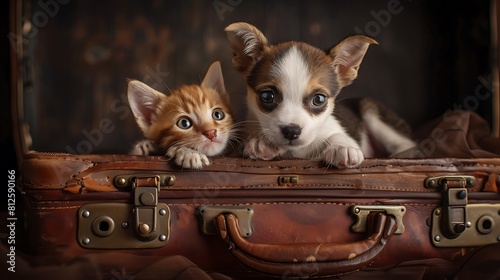 Puppy and kitten in suitcase dark background