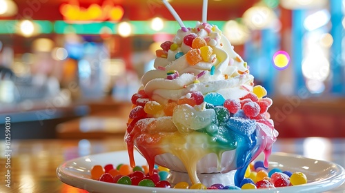 rainbow over vanilla ice cream desert at ice cream station pizza restaurant like jelly tots candy tutti frutti jelly gummy bears gumdrops