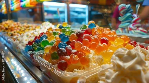 rainbow over vanilla ice cream desert at ice cream station pizza restaurant like jelly tots candy tutti frutti jelly gummy bears gumdrops photo