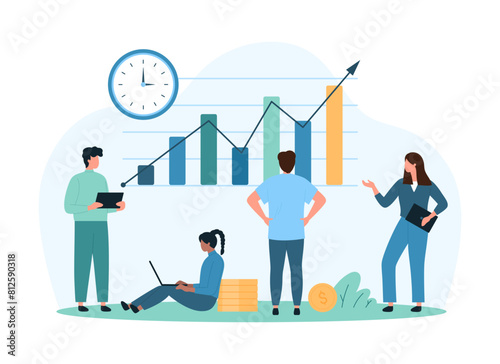 Financial research of stock market graph and profit growth, analysis of success sales and income. Tiny people work with digital report, chart arrow for money investment cartoon vector illustration
