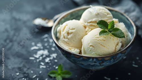 Scoop of vanilla and coconut ice cream in bowl on dark background