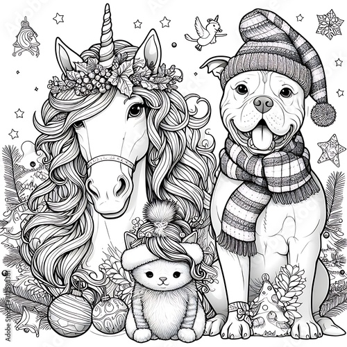 A coloring page of a dog and a unicorn image art photo used for printing card design illustrator.