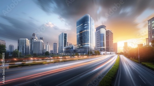 City  modern style buildings  sky  side view road  realism image  fresh lighting  photographic lighting  Super-Resolution  magazine photography  fashion photography  studio photography  light. 