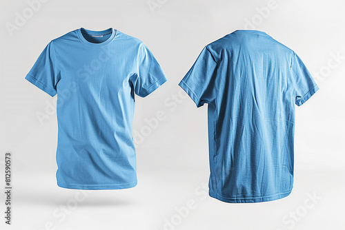 A sky blue blank t-shirt template, displayed in mid-air, showcasing the front and back, against a clean white backdrop, ideal for light and airy design exhibits.