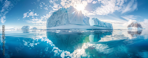 Antarctic sea iceberg floating for climate change and environmental conservation and ice melting and sea level due to ozone layer danger  wide banner poster with copyspace