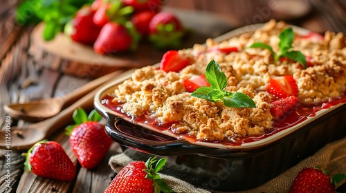 Summer dessert home cooking strawberries crumble in a baking dish and fresh strawberries on a wooden rustic table