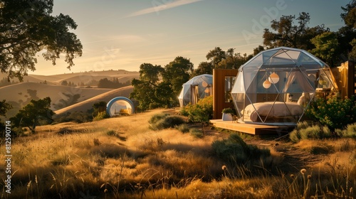 rolling golden grass hills of sonoma county, california with smoothly triangulated geodomes placed in private locations among the landscape. photo