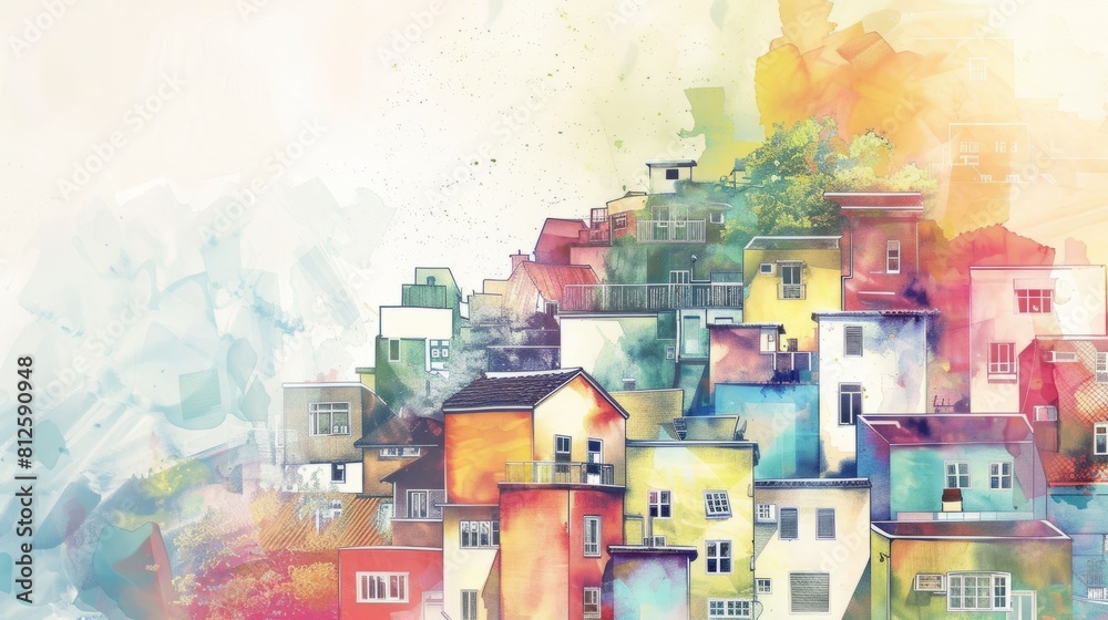 Delicate watercolor  showcasing the diversity and multiculturalism of urban neighborhoods