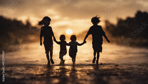 silhouette of little children jumping with joy in the rain, sunset time 