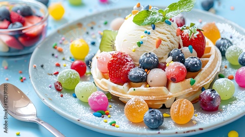 vanilla ice cream bubble waffle with fruit and sweetsvanilla ice cream bubble waffle with candy photo