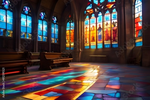 unlight streaming through the stained glass windows of an ancient cathedral, casting vibrant colors onto the stone floo photo