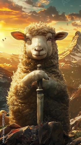cute sheep with knife, mosque on background, hyper realistic, ultra detailed