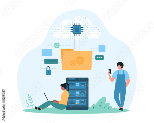 Cloud technology for data storage and management. Tiny people organize private information in folder and backup files, users download documents with network connection cartoon vector illustration